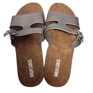 Muk Luks Womens Silver Slide Sandals 9 Adjustable Buckle Comfort Cork Footbed